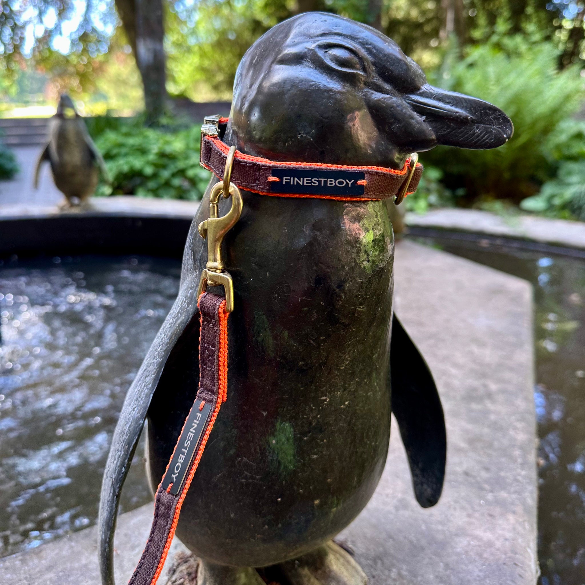 Pinguin trägt FINESTBOY-Bundle aus Halsband und Leine, 15mm, orangenes Gurtband mit dunkelbraunem Canvas-Streifen und Vollmessing-Applikationen, vermessingter Metallsteckschnalle und Vollmessing-Karabiner, im Hamburger Stadtpark an einer Pinguin-Skulptur