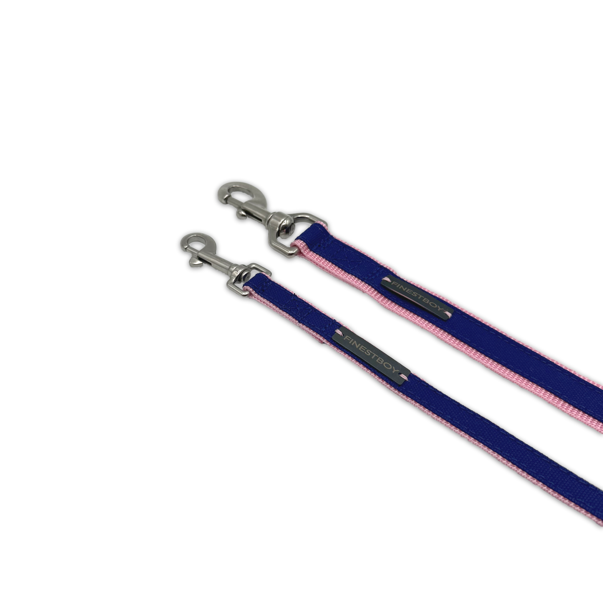 Zwei handgefertigte FINESTBOY-Hundeleinen, 15mm und 25mm, rosafarbenes Gurtband mit royalblauem Canvas-Streifen und Edelstahl-Karabiner, diagonal drapiert