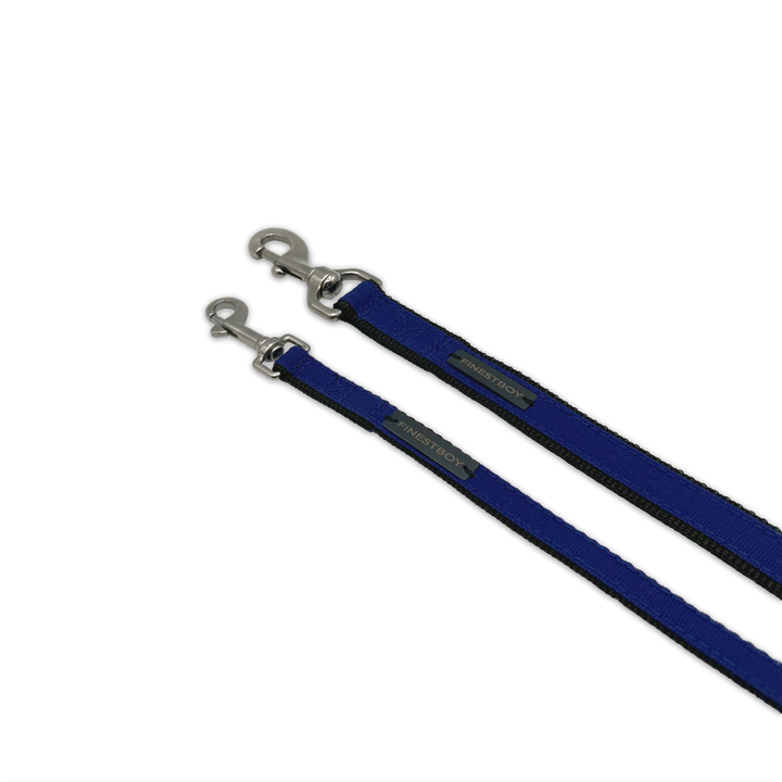 Zwei handgefertigte FINESTBOY-Hundeleinen, 15mm und 25mm, schwarzes Gurtband mit royalblauem Canvas-Streifen und Edelstahl-Karabiner, diagonal drapiert