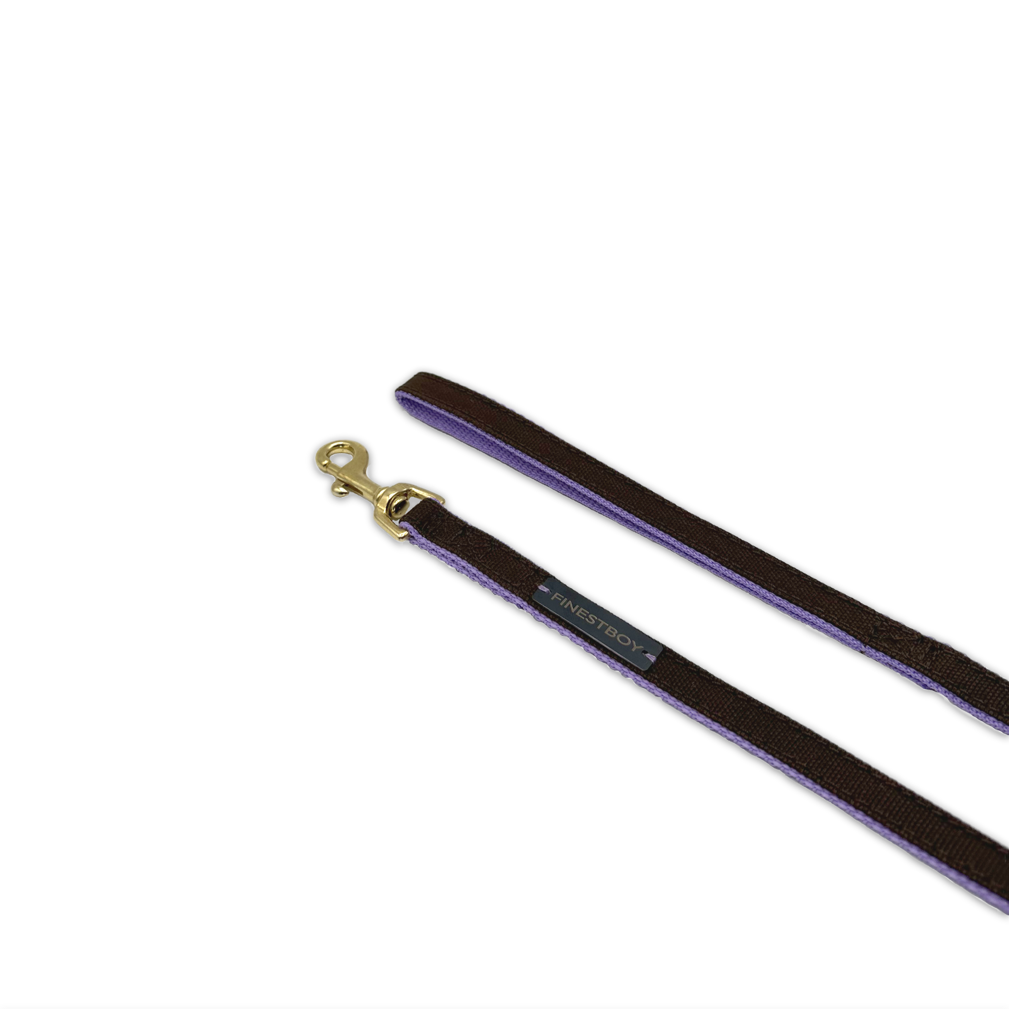 Handgefertigte FINESTBOY-Hundeleine, 15mm, fliederfarbenes Gurtband mit dunkelbraunem Canvas-Streifen und Vollmessing-Karabiner, gelegt in Aufsicht