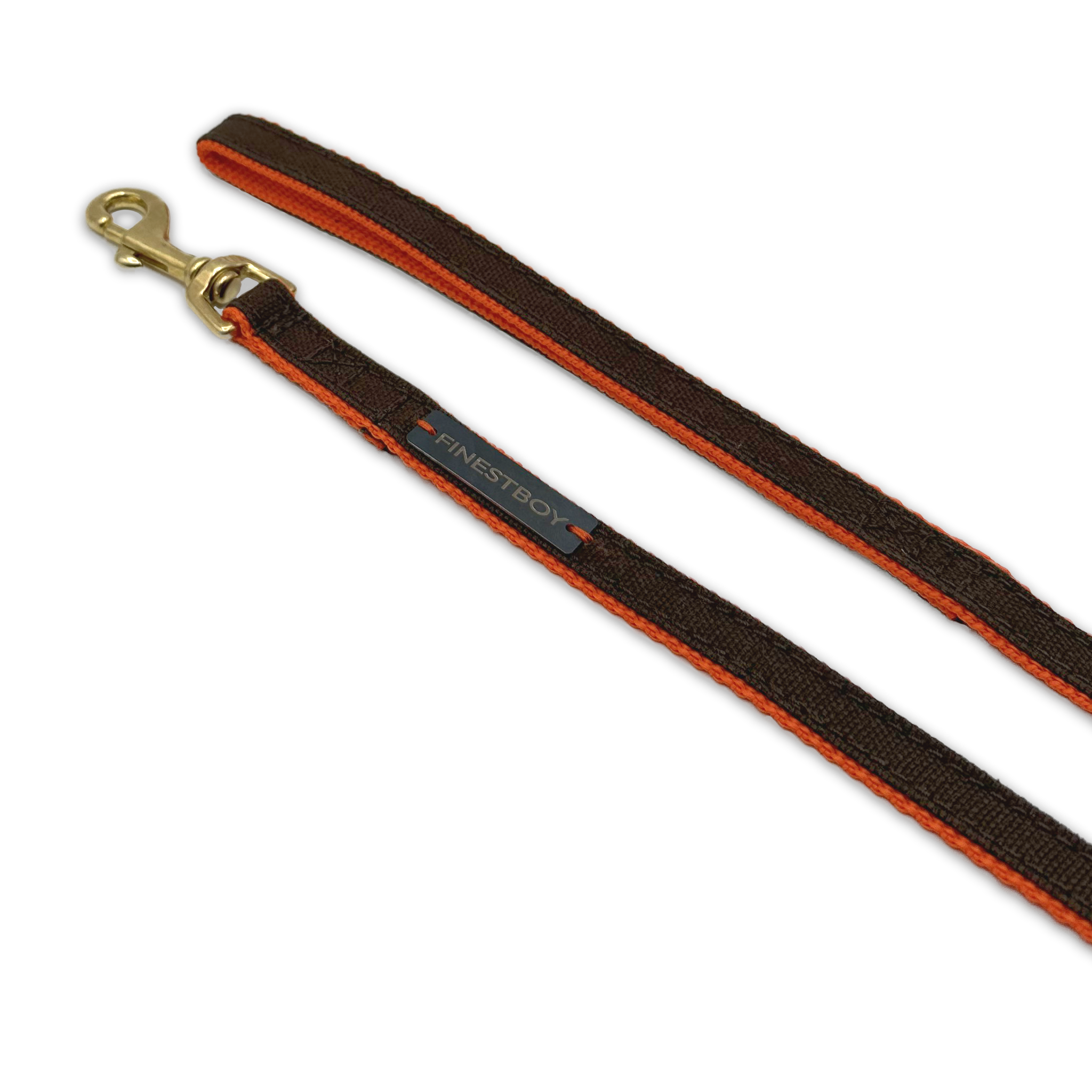 Handgefertigte FINESTBOY-Hundeleine, 15mm, orangenes Gurtband mit dunkelbraunem Canvas-Streifen und Vollmessing-Karabiner, gelegt in Aufsicht