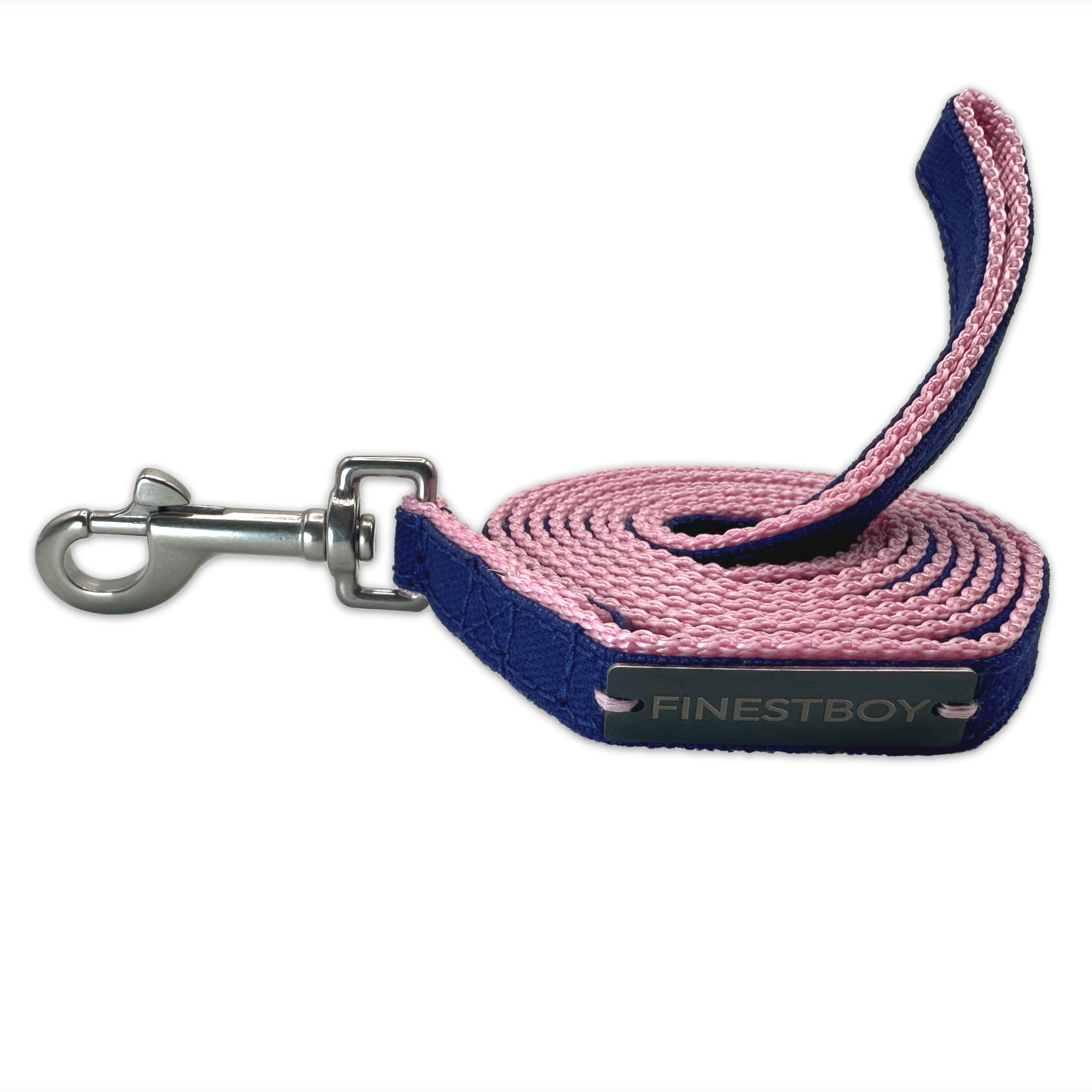 Handgefertigte FINESTBOY-Hundeleine, 15mm, rosafarbenes Gurtband mit royalblauem Canvas-Streifen und Edelstahl-Karabiner, gerollt