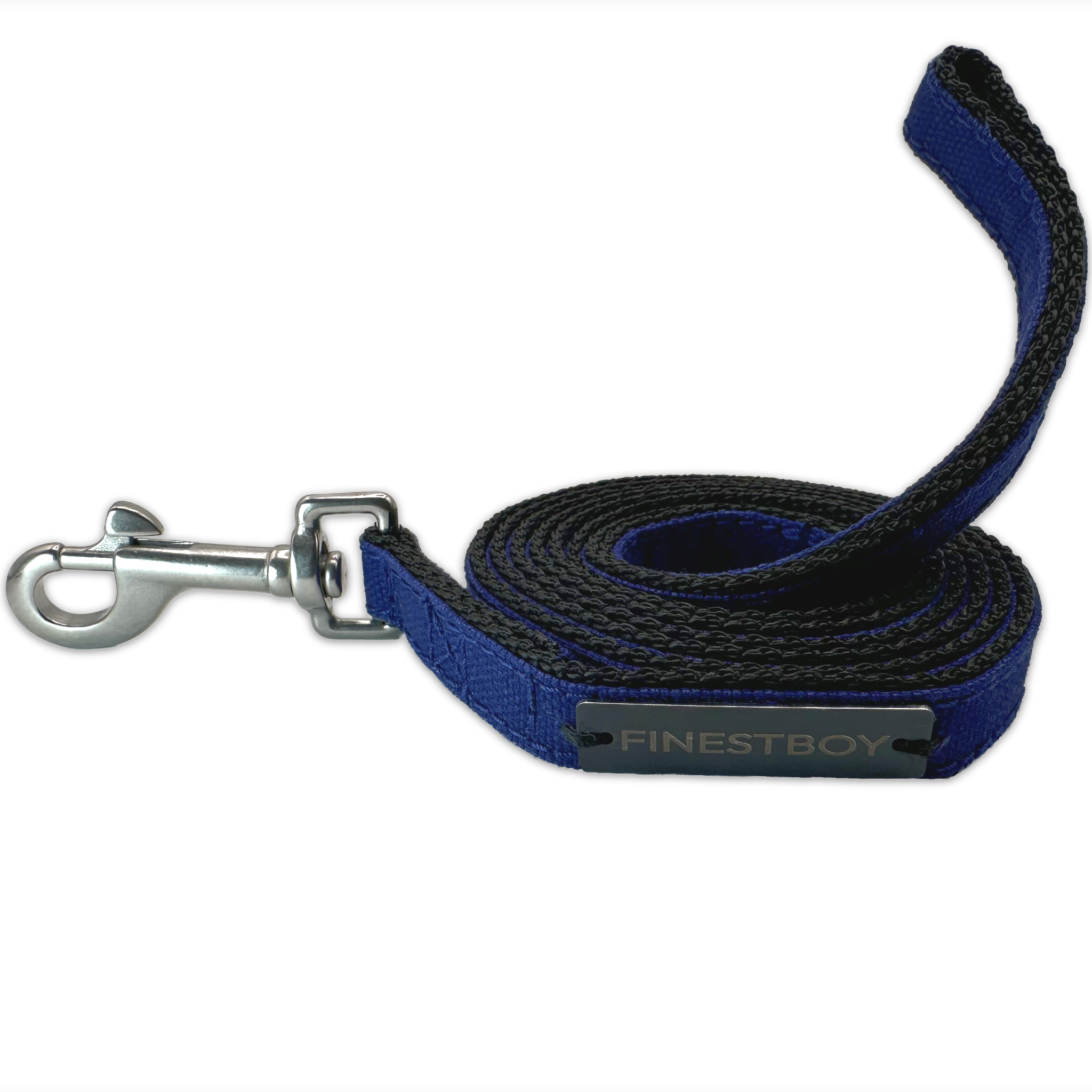Handgefertigte FINESTBOY-Hundeleine, 15mm, schwarzes Gurtband mit royalblauem Canvas-Streifen und Edelstahl-Karabiner, gerollt