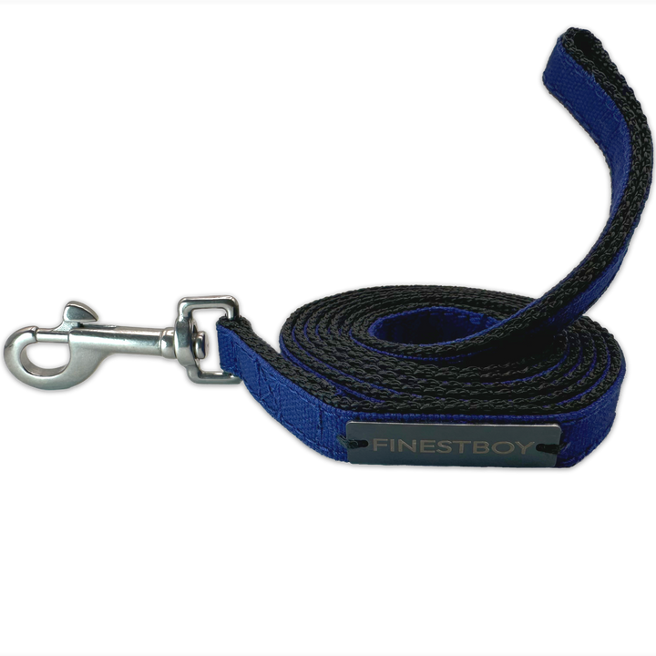 Handgefertigte FINESTBOY-Hundeleine, 15mm, schwarzes Gurtband mit royalblauem Canvas-Streifen und Edelstahl-Karabiner, gerollt