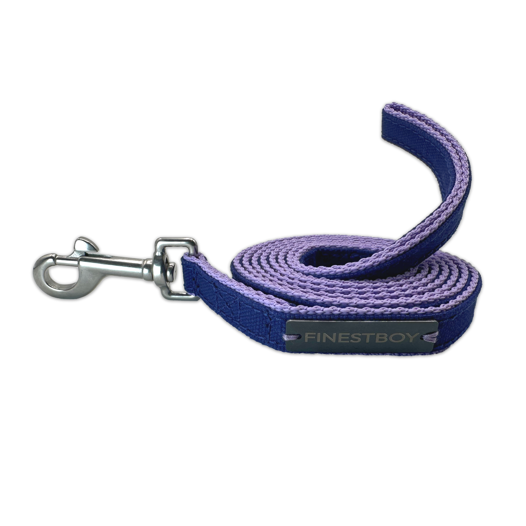 Handgefertigte FINESTBOY-Hundeleine, 15mm, fliederfarbenes Gurtband mit royalblauem Canvas-Streifen und Edelstahl-Karabiner, gerollt