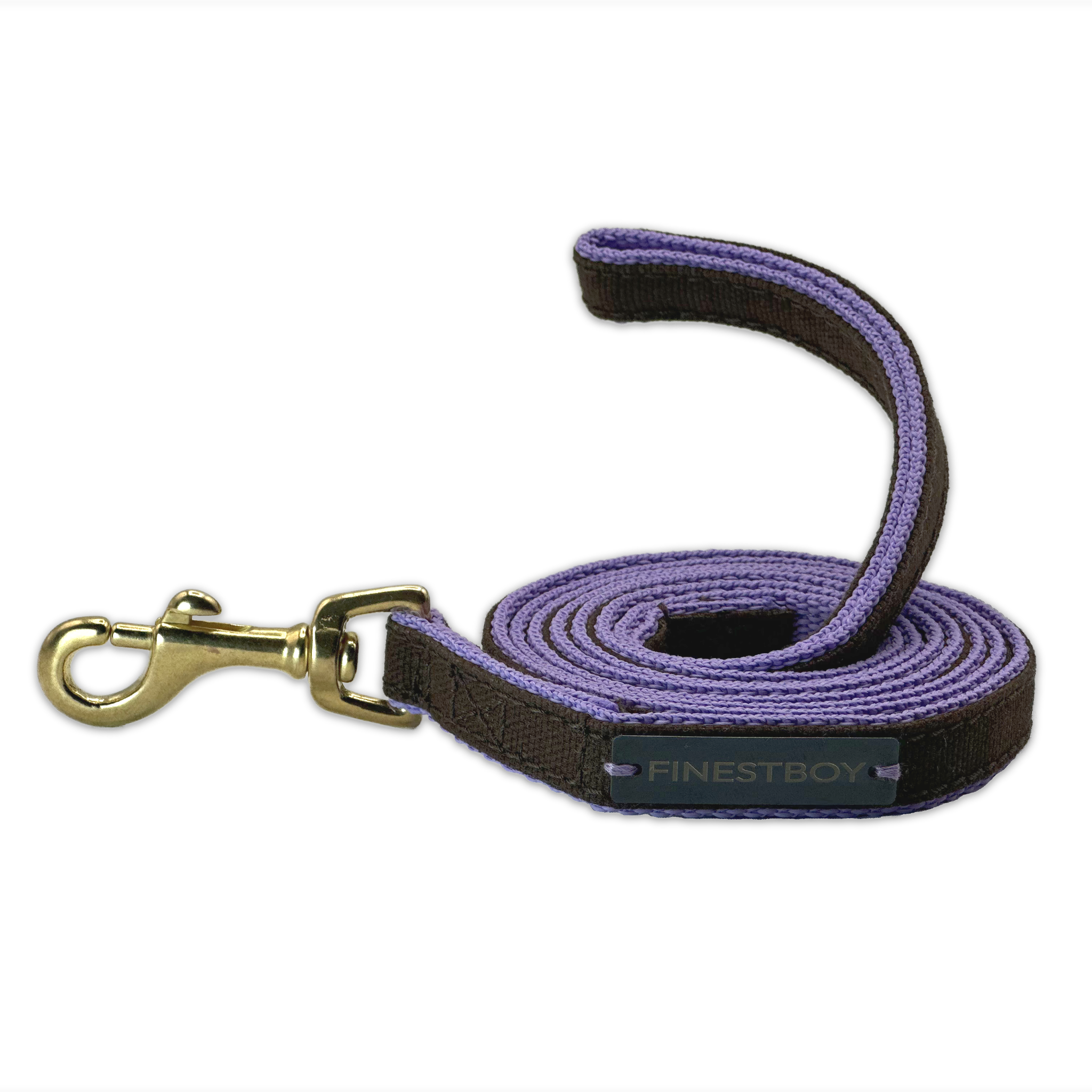 Handgefertigte FINESTBOY-Hundeleine, 15mm, fliederfarbenes Gurtband mit dunkelbraunem Canvas-Streifen und Vollmessing-Karabiner, gerollt