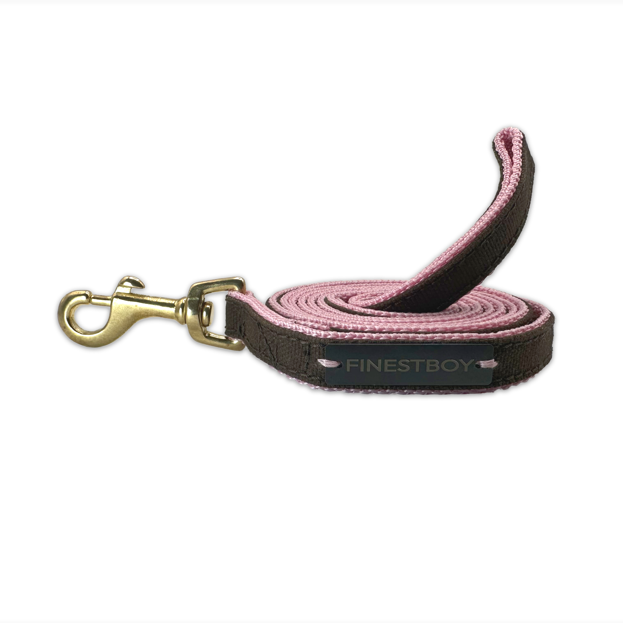 Handgefertigte FINESTBOY-Hundeleine, 15mm, rosafarbenes Gurtband mit dunkelbraunem Canvas-Streifen und Vollmessing-Karabiner, gerollt