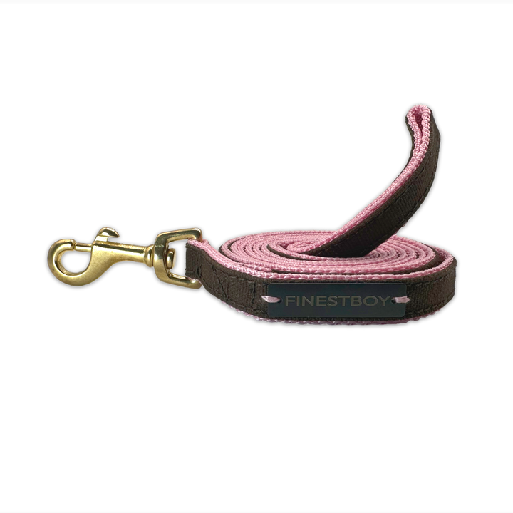 Handgefertigte FINESTBOY-Hundeleine, 15mm, rosafarbenes Gurtband mit dunkelbraunem Canvas-Streifen und Vollmessing-Karabiner, gerollt
