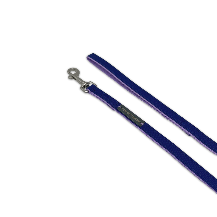 Handgefertigte FINESTBOY-Hundeleine, 15mm, fliederfarbenes Gurtband mit royalblauem Canvas-Streifen und Edelstahl-Karabiner, diagonal drapiert