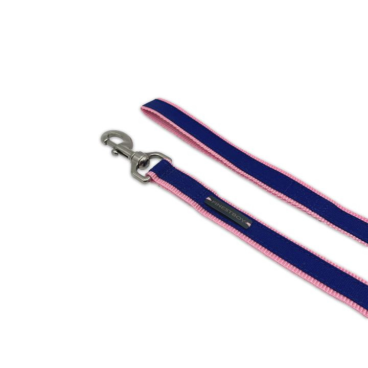 Handgefertigte FINESTBOY-Hundeleine, 25mm, rosafarbenes Gurtband mit royalblauem Canvas-Streifen und Edelstahl-Karabiner, diagonal drapiert