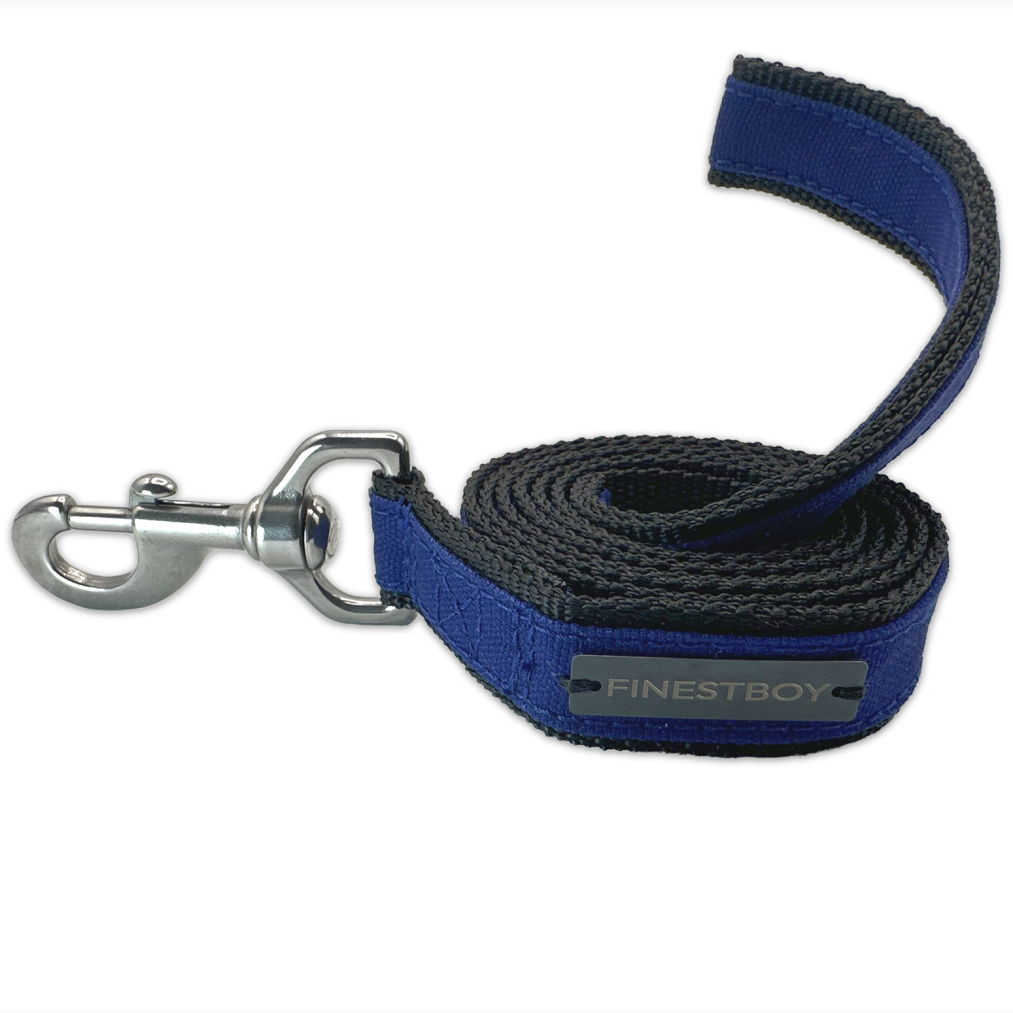 Handgefertigte FINESTBOY-Hundeleine, 25mm, schwarzes Gurtband mit royalblauem Canvas-Streifen und Edelstahl-Karabiner, gerollt