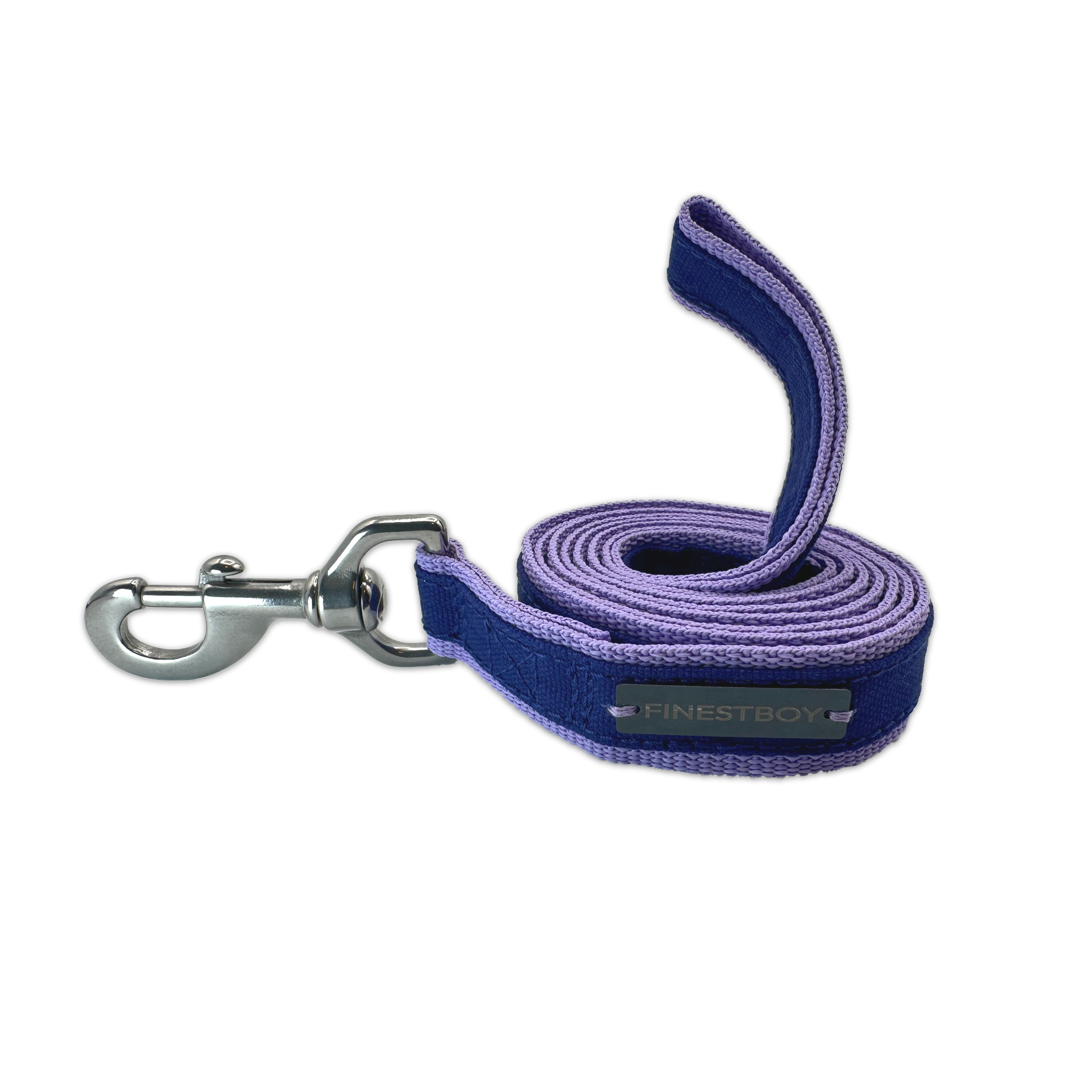 Handgefertigte FINESTBOY-Hundeleine, 25mm, fliederfarbenes Gurtband mit royalblauem Canvas-Streifen und Edelstahl-Karabiner, gerollt