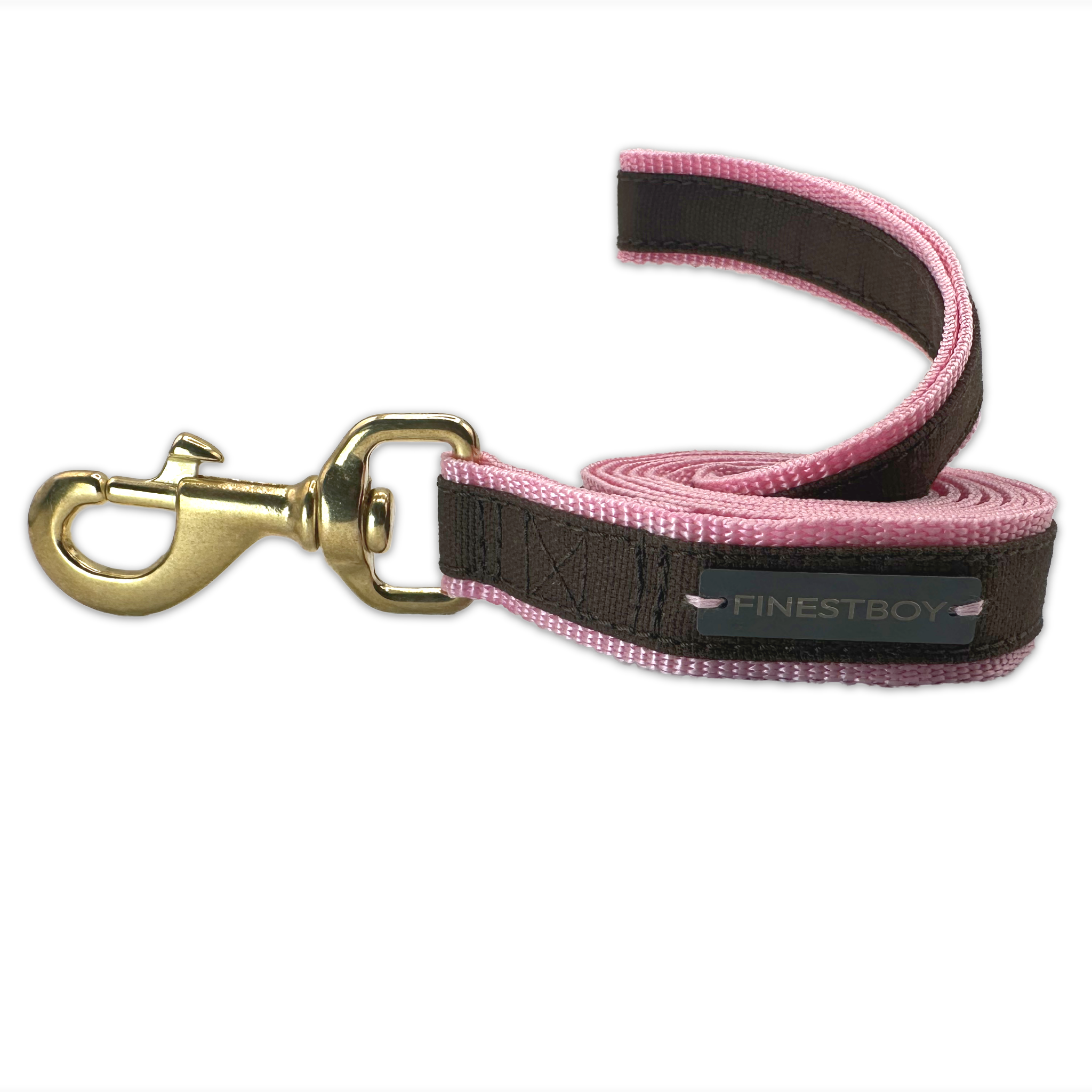 Handgefertigte FINESTBOY-Hundeleine, 25mm, rosafarbenes Gurtband mit dunkelbraunem Canvas-Streifen und Vollmessing-Karabiner, gerollt