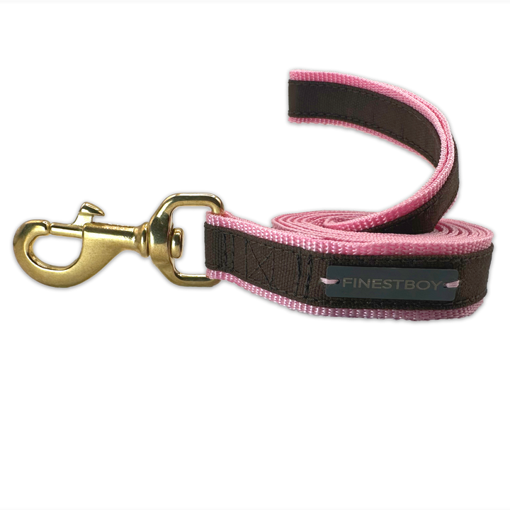 Handgefertigte FINESTBOY-Hundeleine, 25mm, rosafarbenes Gurtband mit dunkelbraunem Canvas-Streifen und Vollmessing-Karabiner, gerollt