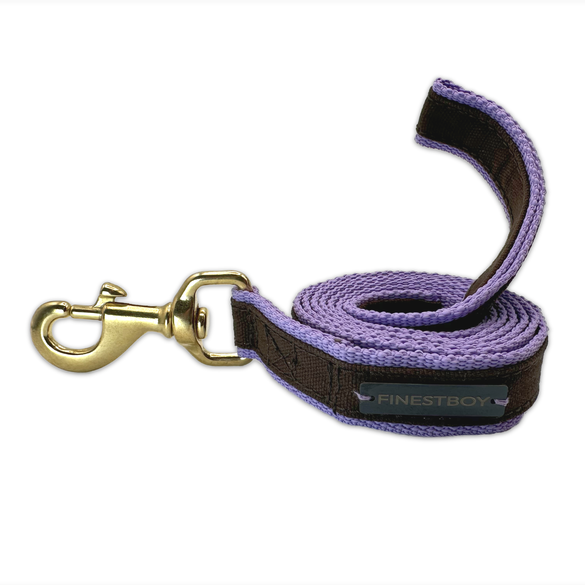 Handgefertigte FINESTBOY-Hundeleine, 25mm, fliederfarbenes Gurtband mit dunkelbraunem Canvas-Streifen und Vollmessing-Karabiner, gerollt
