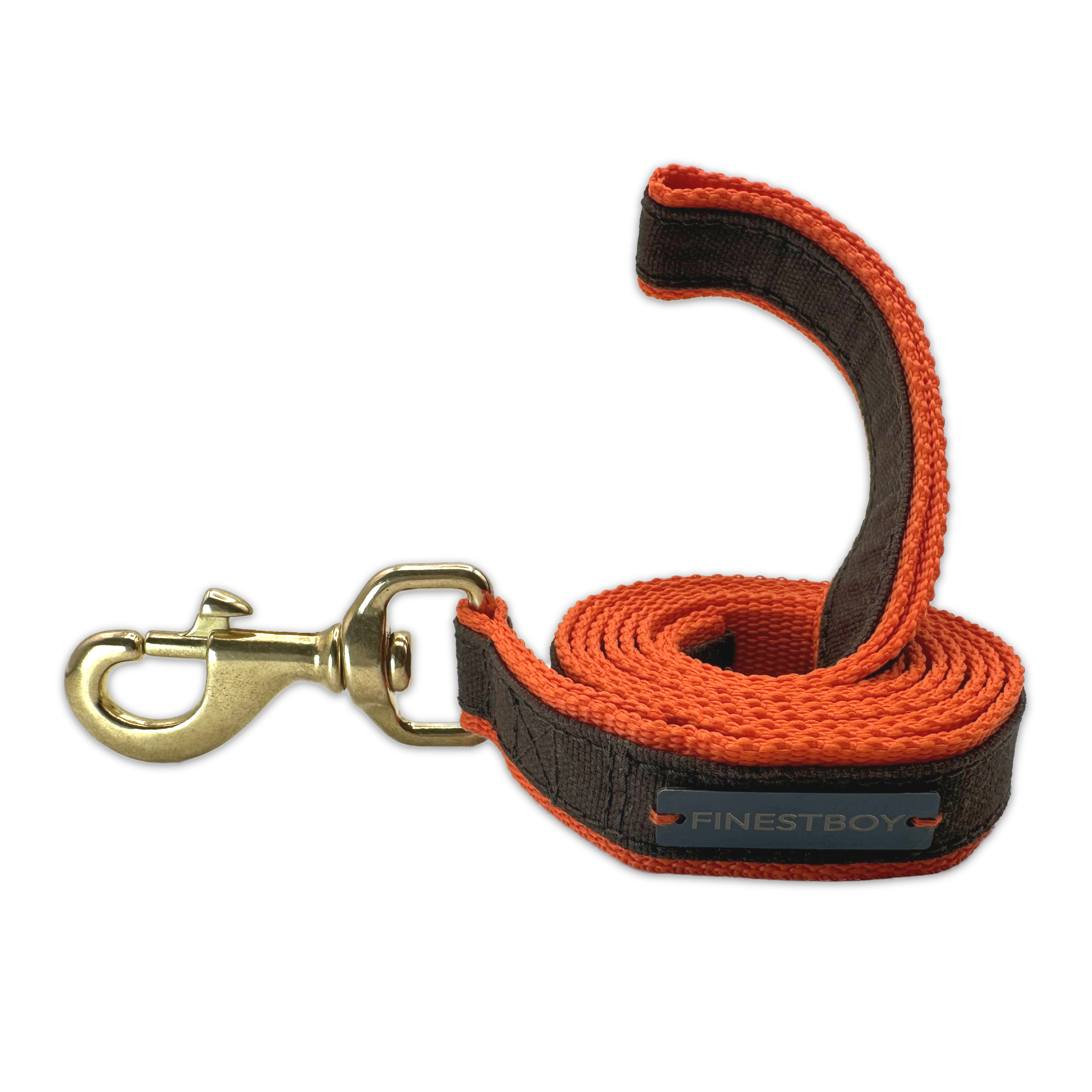 Handgefertigte FINESTBOY-Hundeleine, 25mm, orangenes Gurtband mit dunkelbraunem Canvas-Streifen und Vollmessing-Karabiner, gerollt