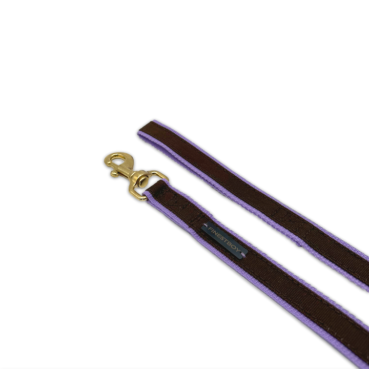 Handgefertigte FINESTBOY-Hundeleine, 25mm, fliederfarbenes Gurtband mit dunkelbraunem Canvas-Streifen und Vollmessing-Karabiner, diagonal drapiert