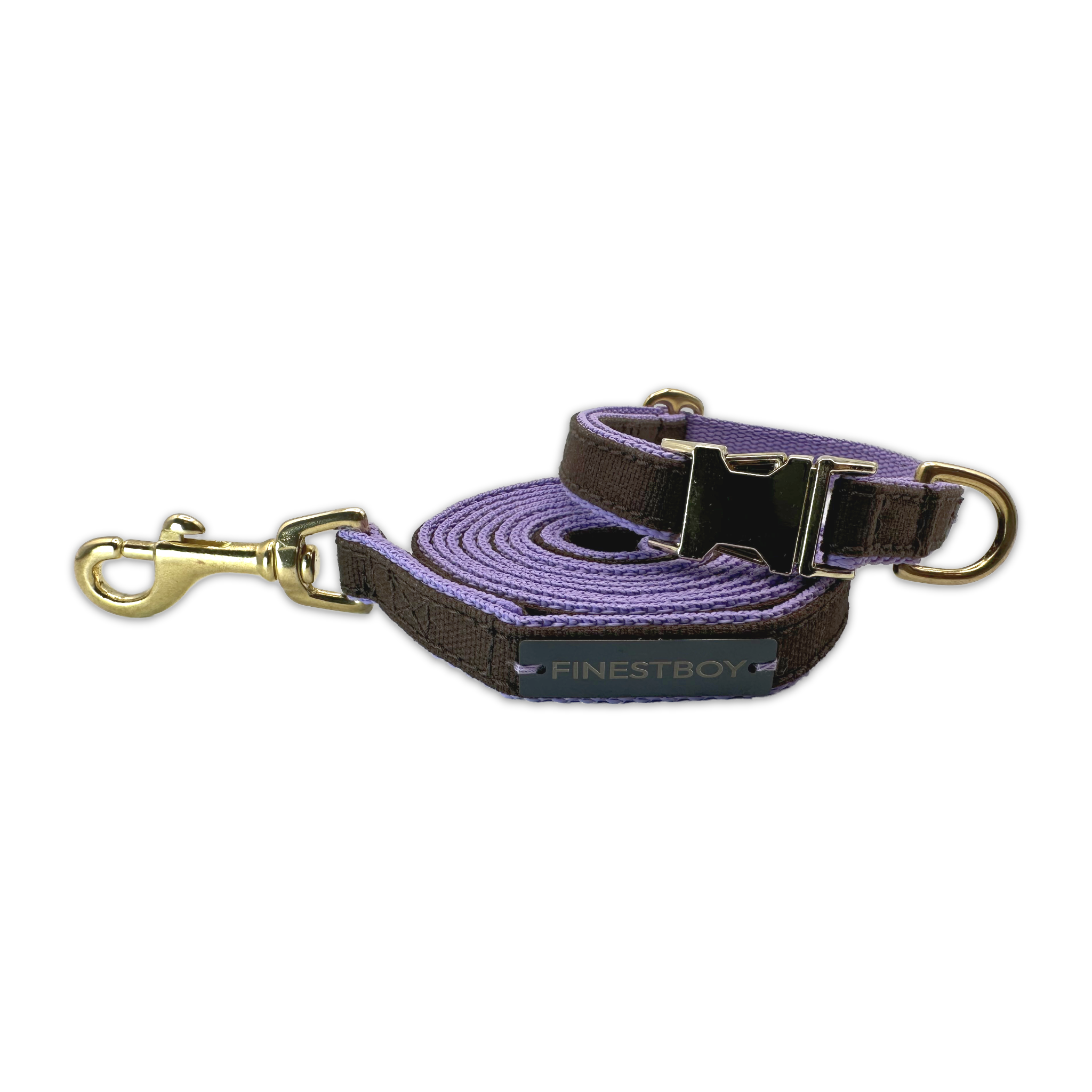 FINESTBOY-Bundle aus Halsband und Leine, 15mm, fliederfarbenes Gurtband mit dunkelbraunem Canvas-Streifen und Vollmessing-Applikationen, vermessingter Metallsteckschnalle und Vollmessing-Karabiner, gelegt, Frontansicht