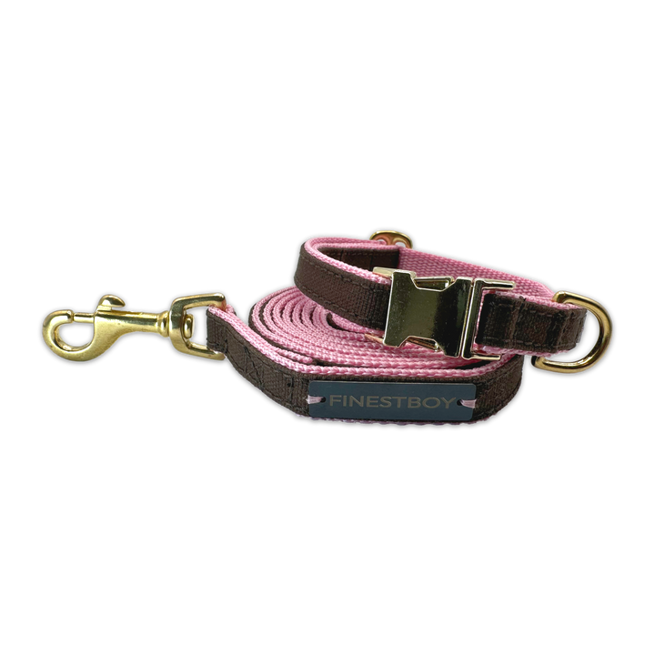 FINESTBOY-Bundle aus Halsband und Leine, 15mm, rosafarbenes Gurtband mit dunkelbraunem Canvas-Streifen und Vollmessing-Applikationen, vermessingter Metallsteckschnalle und Vollmessing-Karabiner, gelegt, Frontansicht