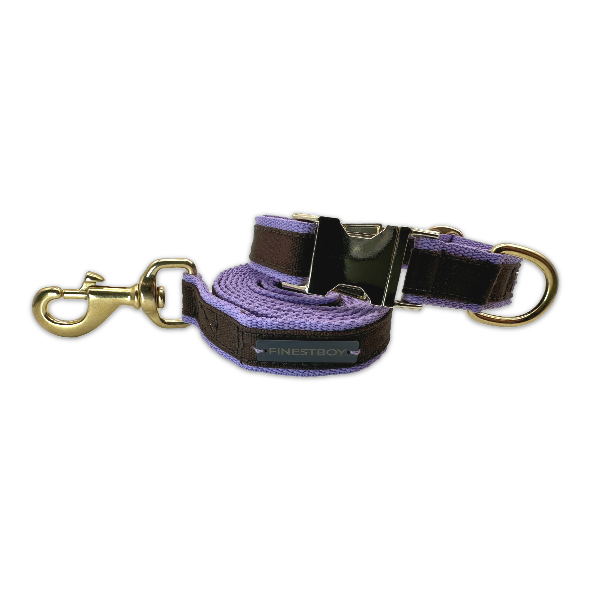 FINESTBOY-Bundle aus Halsband und Leine, 25mm, fliederfarbenes Gurtband mit dunkelbraunem Canvas-Streifen und Vollmessing-Applikationen, vermessingter Metallsteckschnalle und Vollmessing-Karabiner, gelegt, Frontansicht