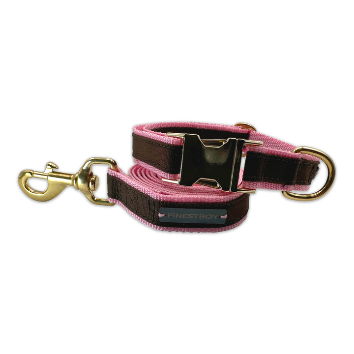 FINESTBOY-Bundle aus Halsband und Leine, 25mm, rosafarbenes Gurtband mit dunkelbraunem Canvas-Streifen und Vollmessing-Applikationen, vermessingter Metallsteckschnalle und Vollmessing-Karabiner, gelegt, Frontansicht