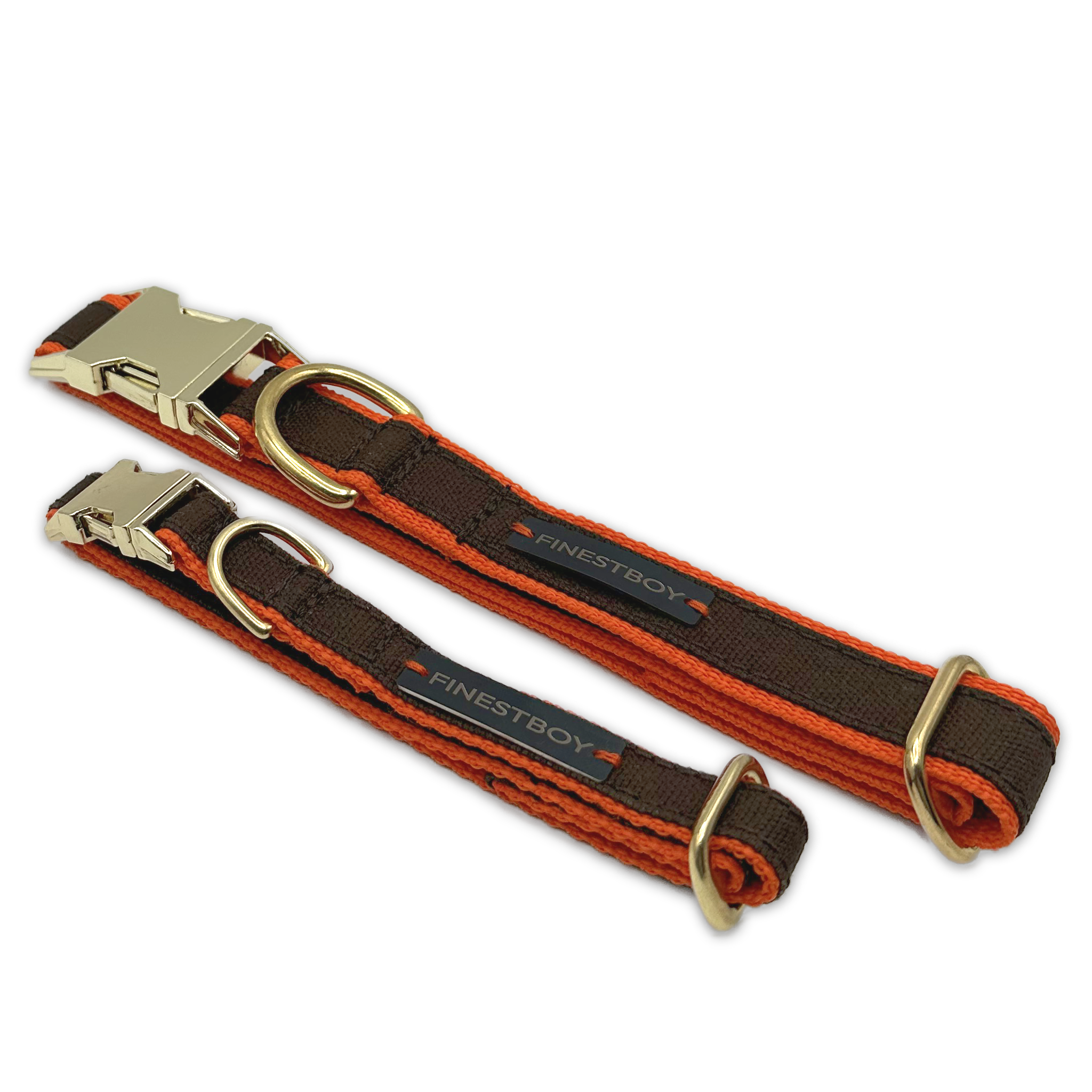 Zwei FINESTBOY-Halsbänder, 15mm und 25mm, orangenes Gurtband mit dunkelbraunem Canvas-Streifen und Vollmessing-Applikationen und vermessingter Metallsteckschnalle, gelegt, diagonal drapiert