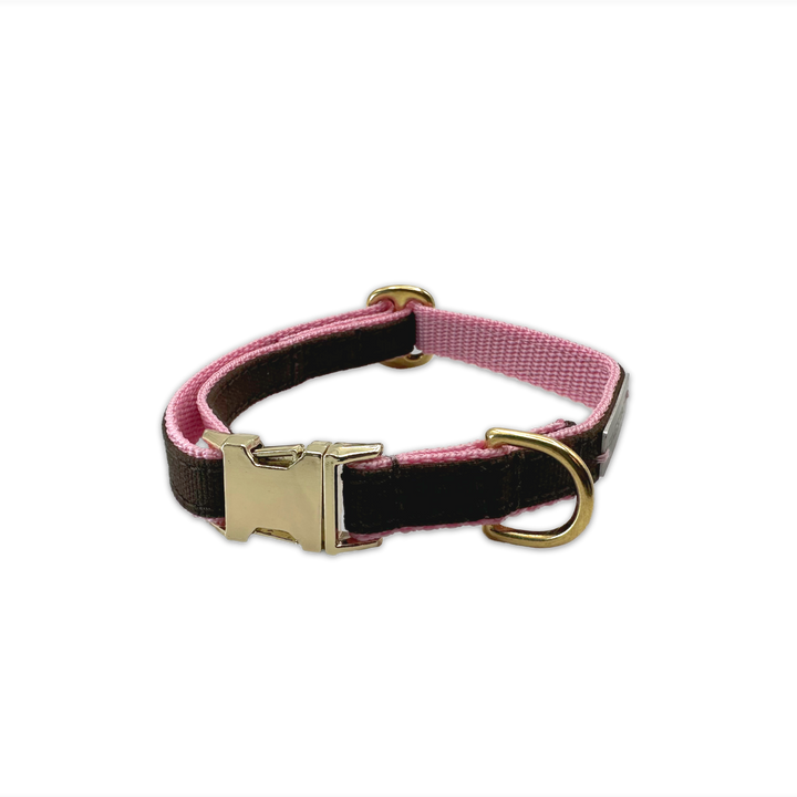 FINESTBOY-Halsband, 15mm, rosafarbenes Gurtband mit dunkelbraunem Canvas-Streifen und Vollmessing-Applikationen und vermessingter Metallsteckschnalle, freigestellt, Frontansicht