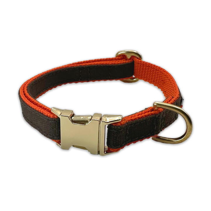FINESTBOY-Halsband, 15mm, orangenes Gurtband mit dunkelbraunem Canvas-Streifen und Vollmessing-Applikationen und vermessingter Metallsteckschnalle, gelegt, Frontansicht