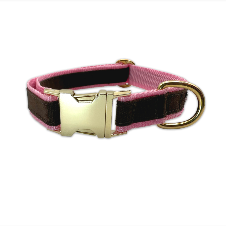 FINESTBOY-Halsband, 25mm, rosafarbenes Gurtband mit dunkelbraunem Canvas-Streifen und Vollmessing-Applikationen und vermessingter Metallsteckschnalle, gelegt, Frontansicht