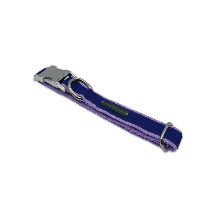 FINESTBOY-Halsband, 25mm, fliederfarbenes Gurtband mit royalblauem Canvas-Streifen und verchromten Vollmessing-Applikationen und verchromter Metallsteckschnalle, gelegt, diagonal drapiert