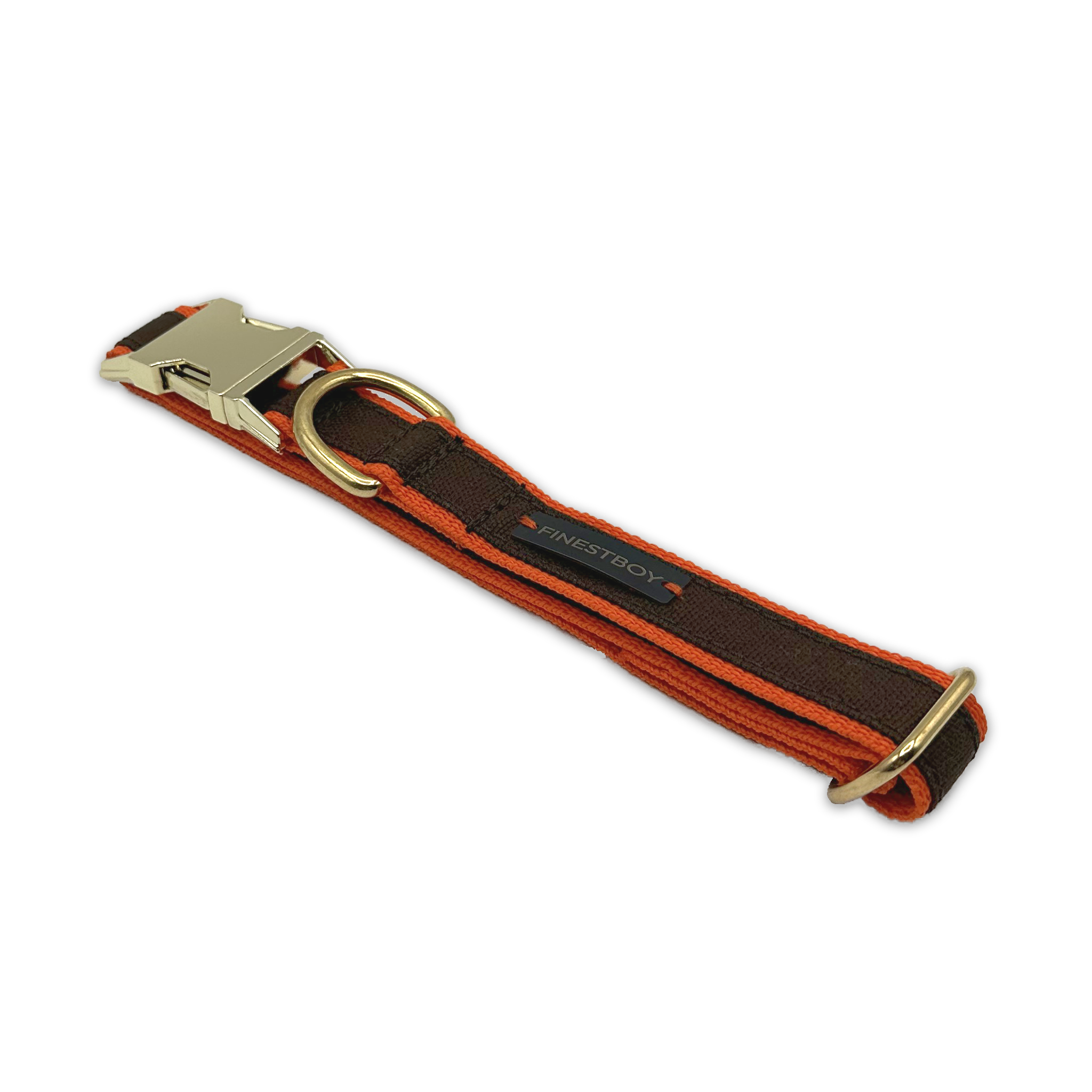 FINESTBOY-Halsband, 25mm, orangenes Gurtband mit dunkelbraunem Canvas-Streifen und Vollmessing-Applikationen und vermessingter Metallsteckschnalle, gelegt, diagonal drapiert