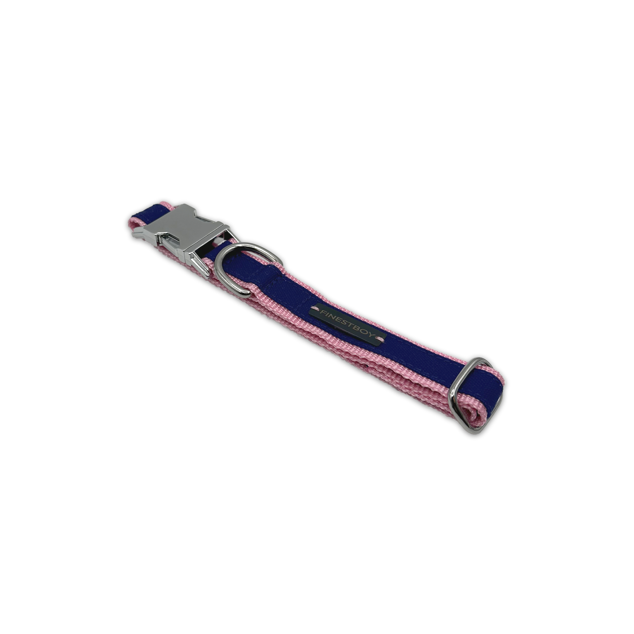 FINESTBOY-Halsband, 25mm, rosafarbenes Gurtband mit royalblauem Canvas-Streifen und verchromten Vollmessing-Applikationen und verchromter Metallsteckschnalle, gelegt, diagonal drapiert