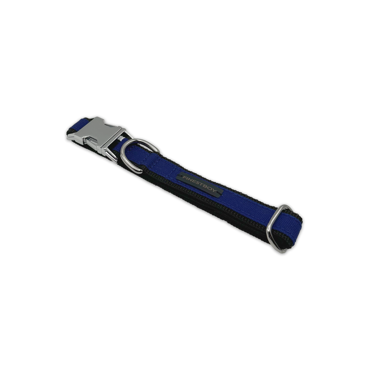 FINESTBOY-Halsband, 25mm, schwarzes Gurtband mit royalblauem Canvas-Streifen und verchromten Vollmessing-Applikationen und verchromter Metallsteckschnalle, gelegt, diagonal drapiert