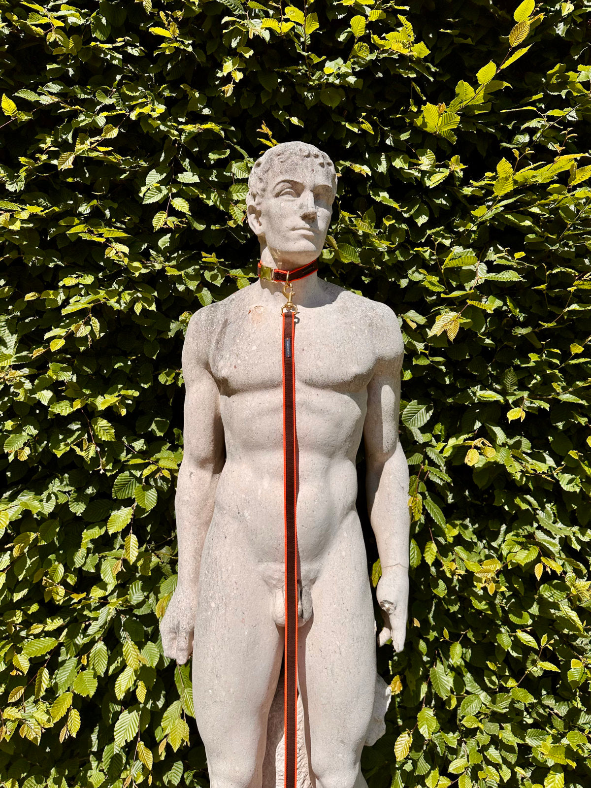Weiße antike Männliche Statue im Hamburger Stadtpark vor einer Hecke, trägt FINESTBOY-Bundle aus Halsband und Leine, 25mm, orangenes Gurtband mit dunkelbraunem Canvas-Streifen und Vollmessing-Applikationen, vermessingter Metallsteckschnalle und Vollmessing-Karabiner.