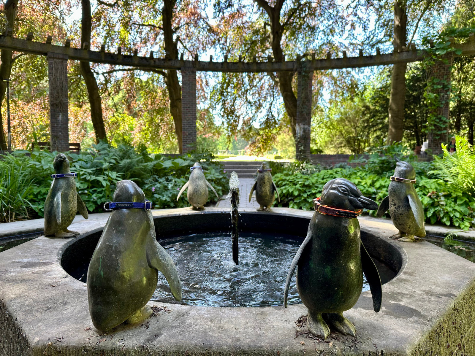 Sechs Pinguin-Statuen an einem Brunnen im Hamburger Stadtpark, tragen handgefertigte FINESTBOY-Halsbänder, 15mm, Gurtband in Orange, Rosa, Flieder mit braunem Canvas, sowie Gurtband in Schwarz, Rosa, Flieder mit royalblauem Canvas mit Vollmessing- und verchromten Vollmessing-Applikationen sowie vermessingten und verchromten Metallsteckschnallen.