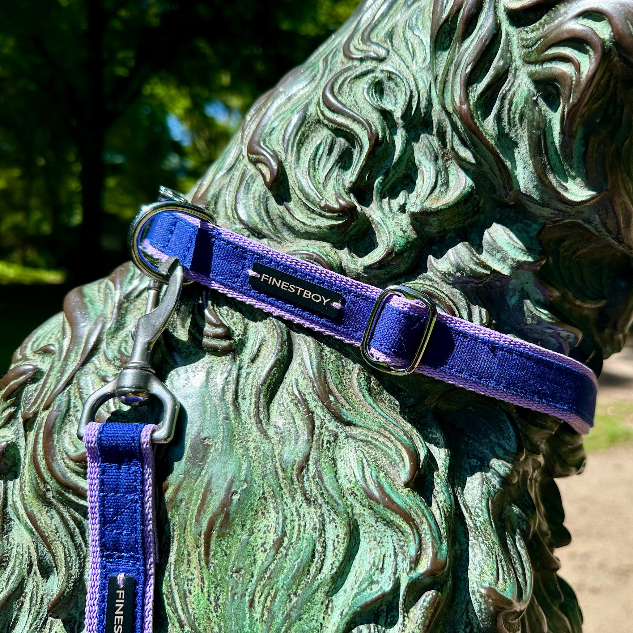 Hund trägt FINESTBOY-Bundle aus Halsband und Leine, 25mm, fliederfarbenes Gurtband mit royalblauem Canvas-Streifen und verchromten Vollmessing-Applikationen, verchromter Metallsteckschnalle und Edelstahl-Karabiner, im Hamburger Stadtpark an einer Hundeskulptur