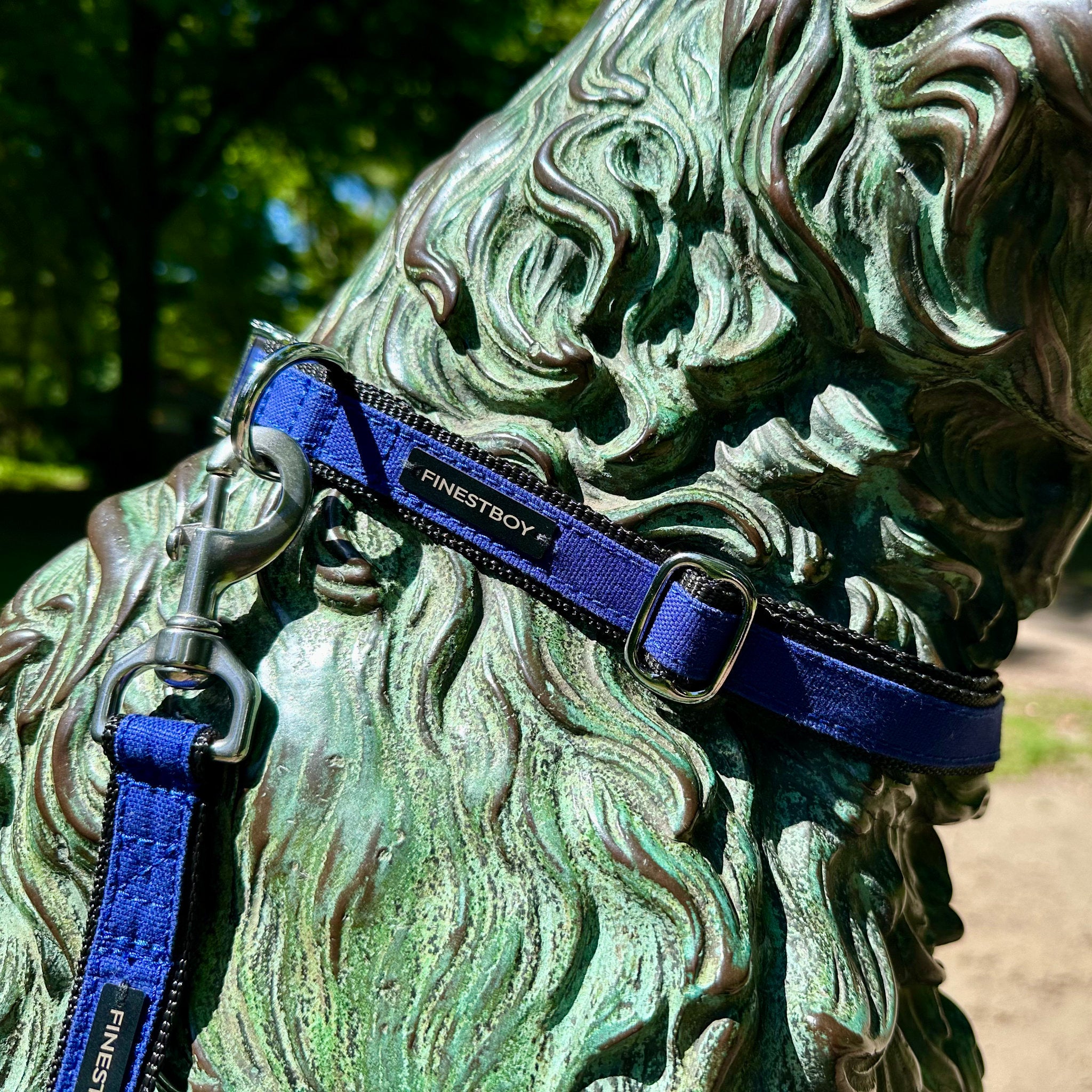 Hund trägt FINESTBOY-Bundle aus Halsband und Leine, 25mm, schwarzes Gurtband mit royalblauem Canvas-Streifen und verchromten Vollmessing-Applikationen, verchromter Metallsteckschnalle und Edelstahl-Karabiner, im Hamburger Stadtpark an einer Hundeskulptur