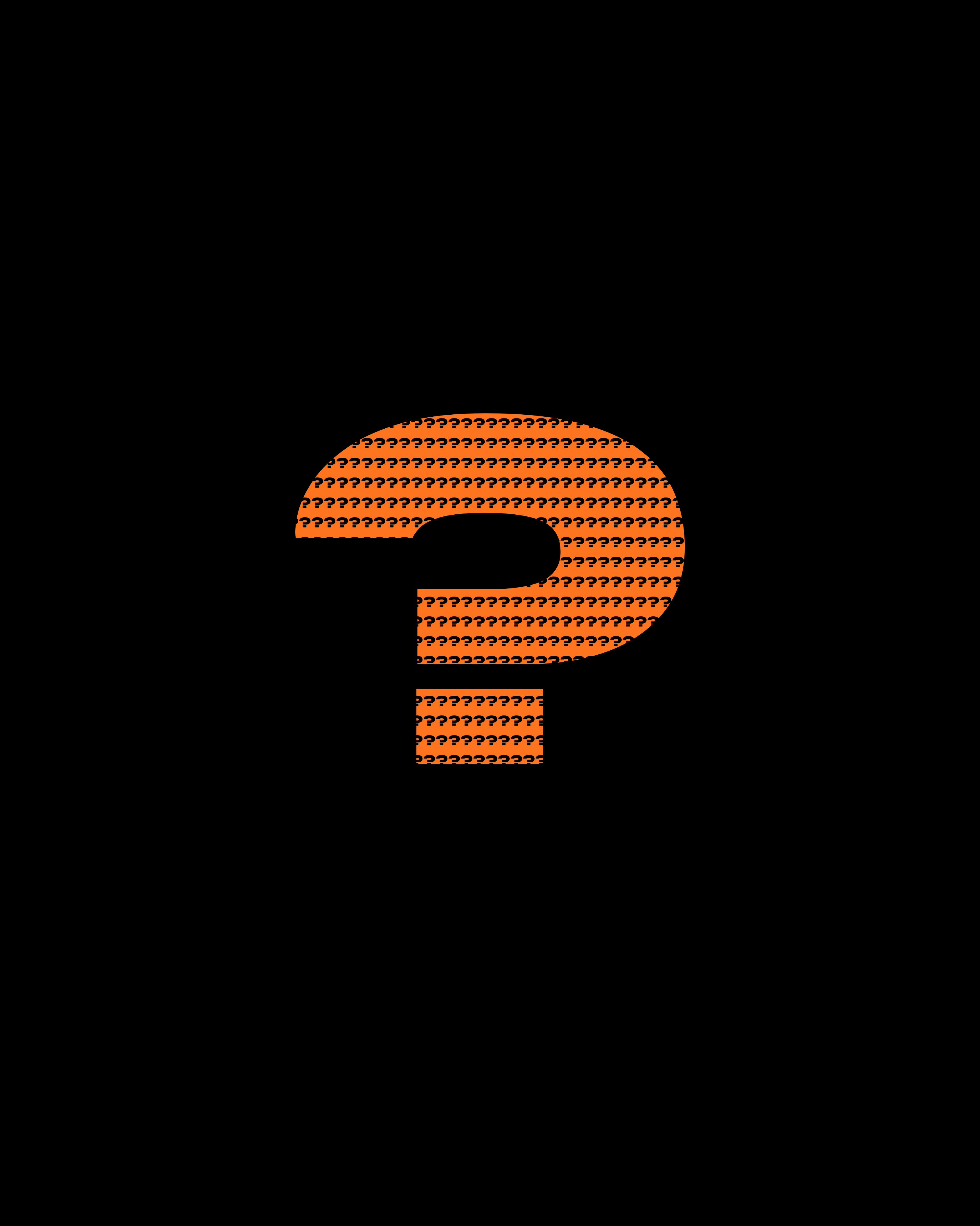 Typografie-Bild schwarzer Hintergrund mit Text - Ein großes Fragezeichen, gefüllt mit vielen kleinen schwarzen Fragezeichen in Orange, Syne ExtraBold - Serienvorschau für FINESTBOY Serie.??.